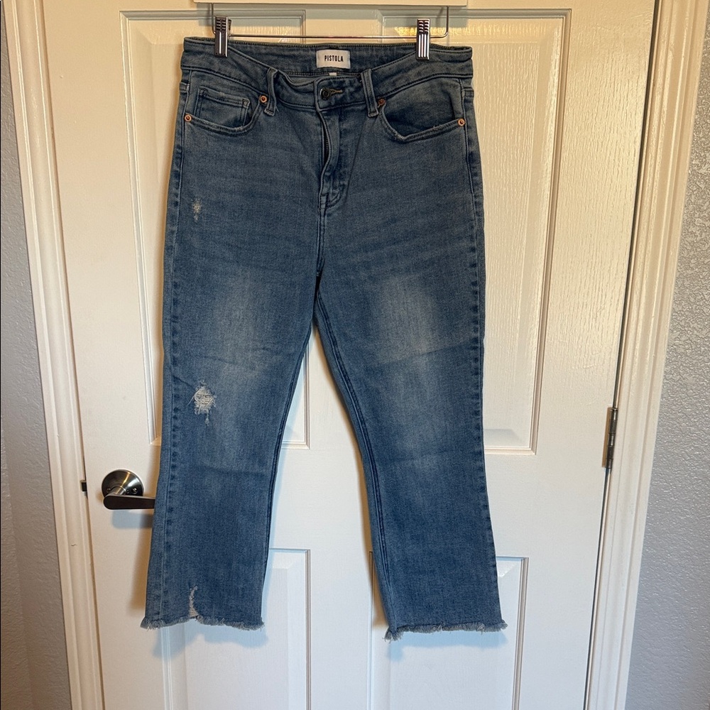 pistola Distressed Mid-Blue Cropped Straight Jeans